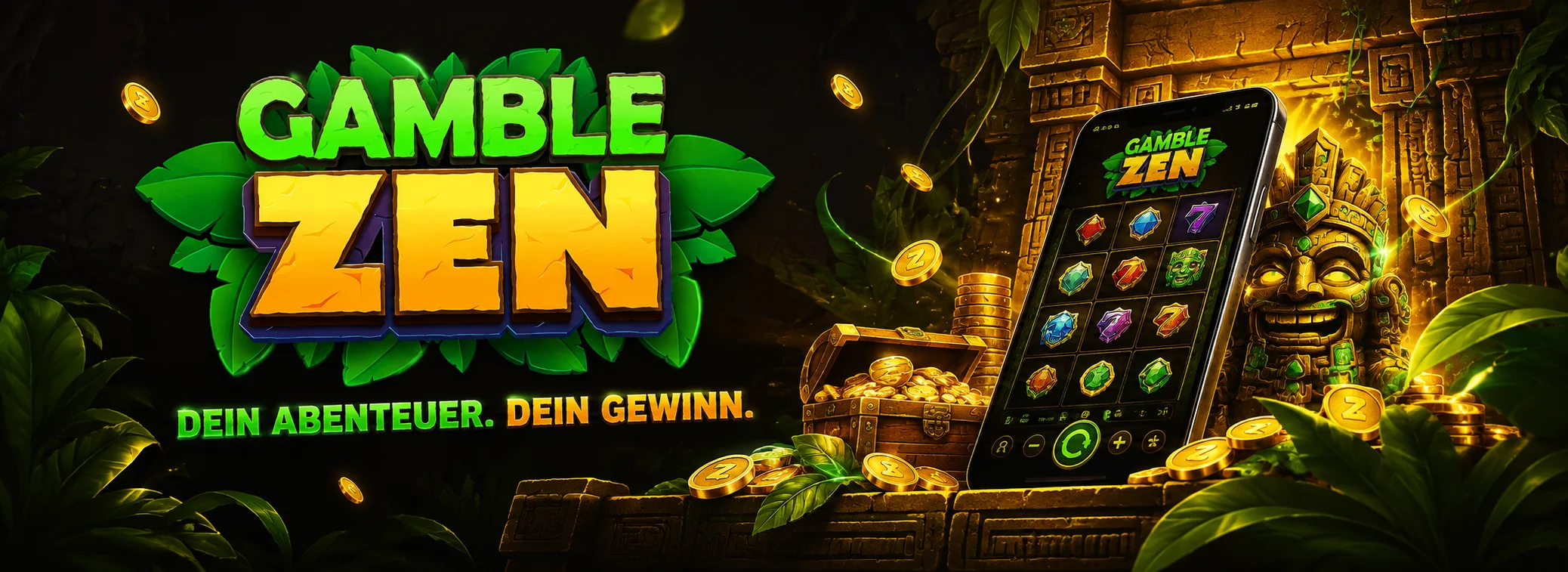 GambleZen Willkommensbonus 200 % bis 500 € plus 350 Freispiele auf dunkler Bühne mit goldenem Rampenlicht